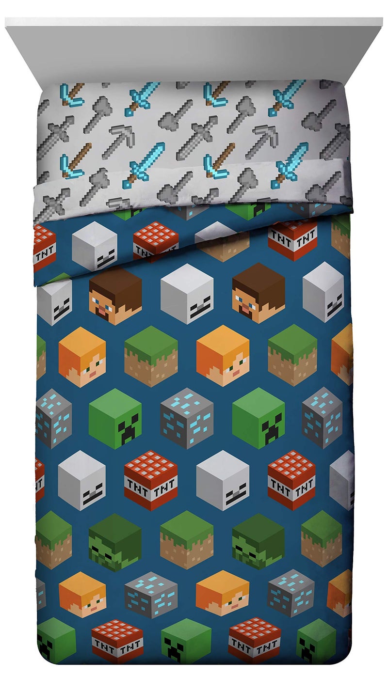 Jay Franco Kids Comforter  Super Soft Reversible Bedding Polyester Microfiber Fill Blue  Minecraft Twin