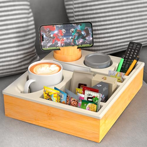 RGBDOT Couch Cup Holder Tray - Couch Organizer Caddy, Silicone Beach Caddy with Cup Holder, Sofa and Bed Drink Holder and Couch Tray Table for Snacks Beverage Remote (Beige) - Image 1