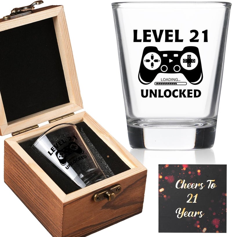 Ithmahco 21st Birthday Gifts for Him Her - Level 21 Unlocked - Birthday Shot Glass with Wooden Box - Cheers To 21 Years Old, Finally 21st Party Decoration - Turning 21 Bday Gift for Men Brother Friend - Image 1
