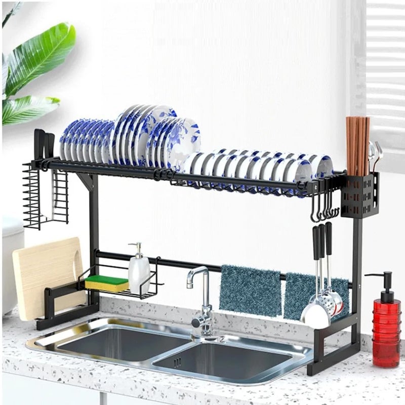 Lukzer Over The Sink Kitchen Storage Shelf Metal Dish Rack Organizer Basin Floor Drying Tableware Drain Space Saving Countertop Stand with L Shape Knife Holder (Black/52x85x28.5CM) - Image 1