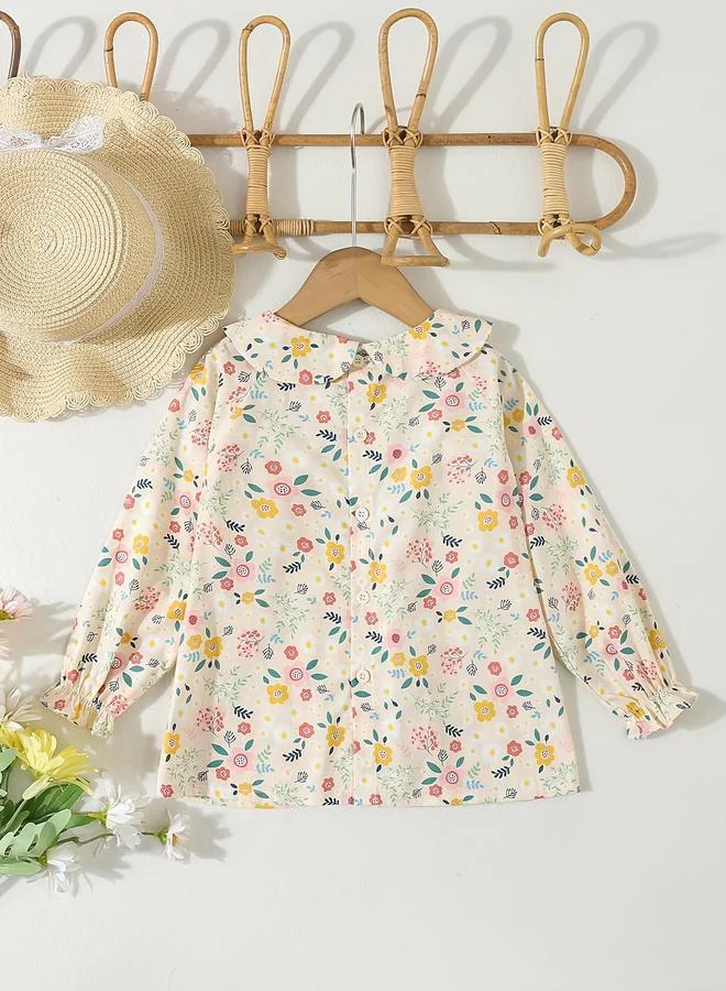 Take Two Take Two Girls Beige Floral Peter Pan Collar Top