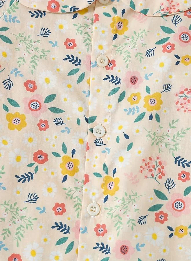 Take Two Take Two Girls Beige Floral Peter Pan Collar Top
