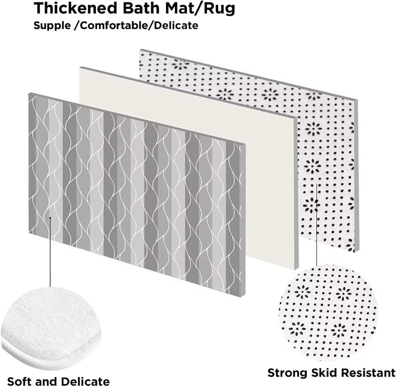 DDQQ 4Pcs Grey Shower Curtain Set with Rugs Stripe Bathroom Sets Geometric Wave Lines Shower Curtain with 12 Hooks Bathroom Decor with Rugs Bath Accessories with Mats Toilet Lid Cover - Image 2