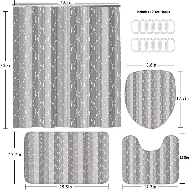 DDQQ 4Pcs Grey Shower Curtain Set with Rugs Stripe Bathroom Sets Geometric Wave Lines Shower Curtain with 12 Hooks Bathroom Decor with Rugs Bath Accessories with Mats Toilet Lid Cover - Image 4