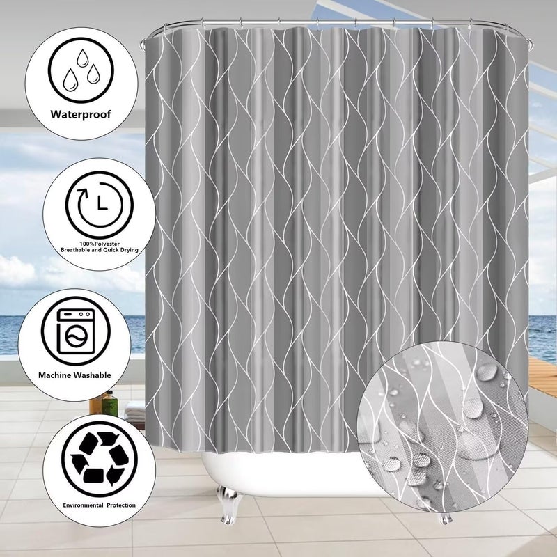 DDQQ 4Pcs Grey Shower Curtain Set with Rugs Stripe Bathroom Sets Geometric Wave Lines Shower Curtain with 12 Hooks Bathroom Decor with Rugs Bath Accessories with Mats Toilet Lid Cover - Image 5