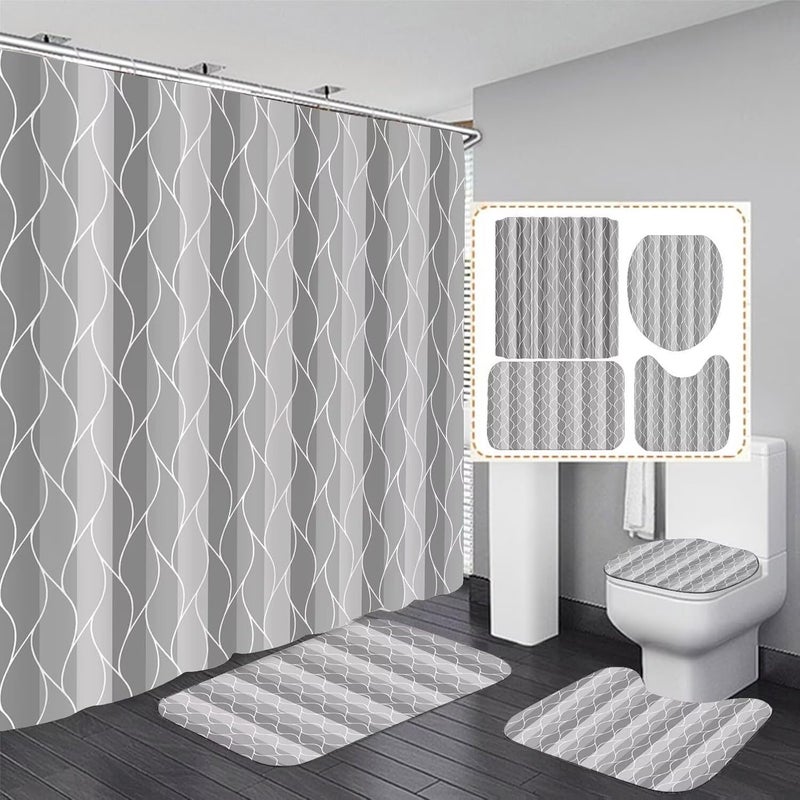 DDQQ 4Pcs Grey Shower Curtain Set with Rugs Stripe Bathroom Sets Geometric Wave Lines Shower Curtain with 12 Hooks Bathroom Decor with Rugs Bath Accessories with Mats Toilet Lid Cover - Image 1