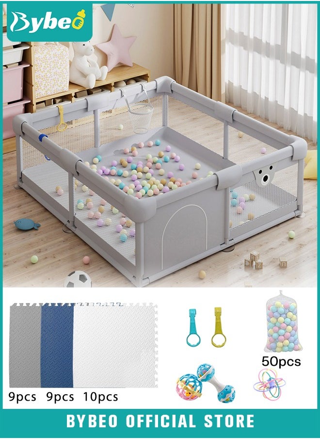 Bybeo Baby Playpen Fence with Playmat, Sturdy Playard for Toddler, Infant Indoor & Outdoor Kids Activity Center With 50 PCS Ocean Balls and 3 Toys, 150*150CM  - Image 1
