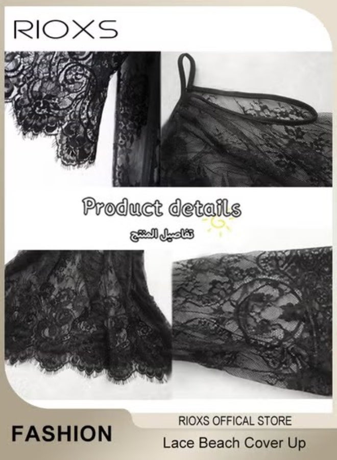 RIOXS Women's Cover Up Dress Summer Lace Loose Bikini Swimsuit Beach Dress Pullover Dress Bathing Suit Ladies Soild Lace Edge Coverup - Image 3