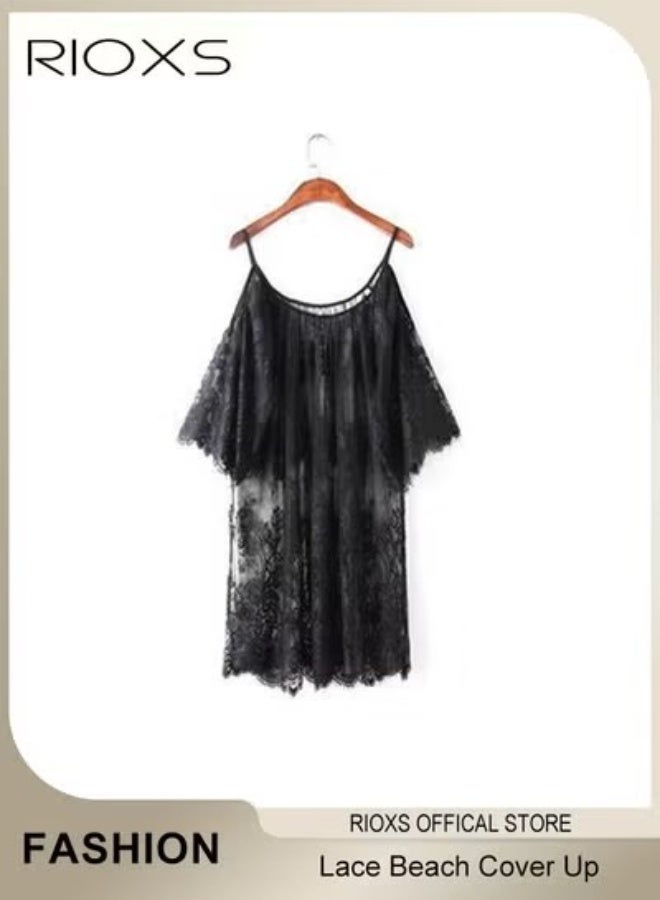 RIOXS Women's Cover Up Dress Summer Lace Loose Bikini Swimsuit Beach Dress Pullover Dress Bathing Suit Ladies Soild Lace Edge Coverup - Image 1