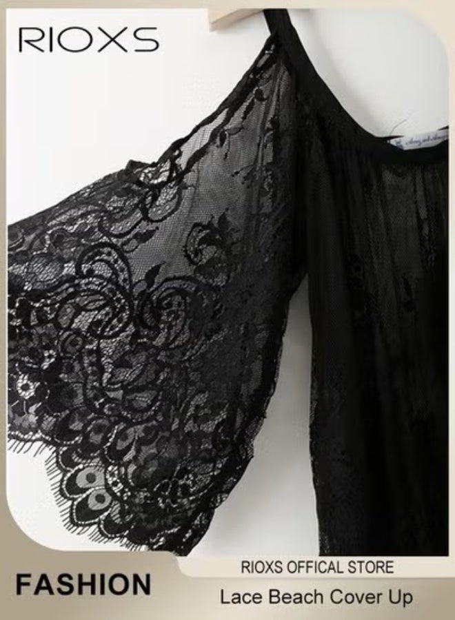 RIOXS Women's Cover Up Dress Summer Lace Loose Bikini Swimsuit Beach Dress Pullover Dress Bathing Suit Ladies Soild Lace Edge Coverup - Image 2