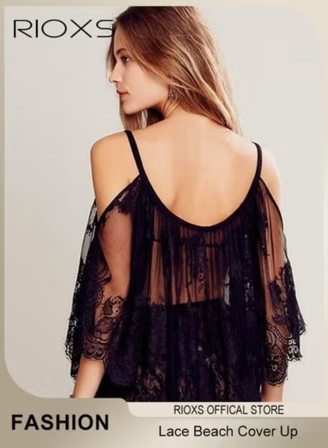 RIOXS Women's Cover Up Dress Summer Lace Loose Bikini Swimsuit Beach Dress Pullover Dress Bathing Suit Ladies Soild Lace Edge Coverup - Image 5