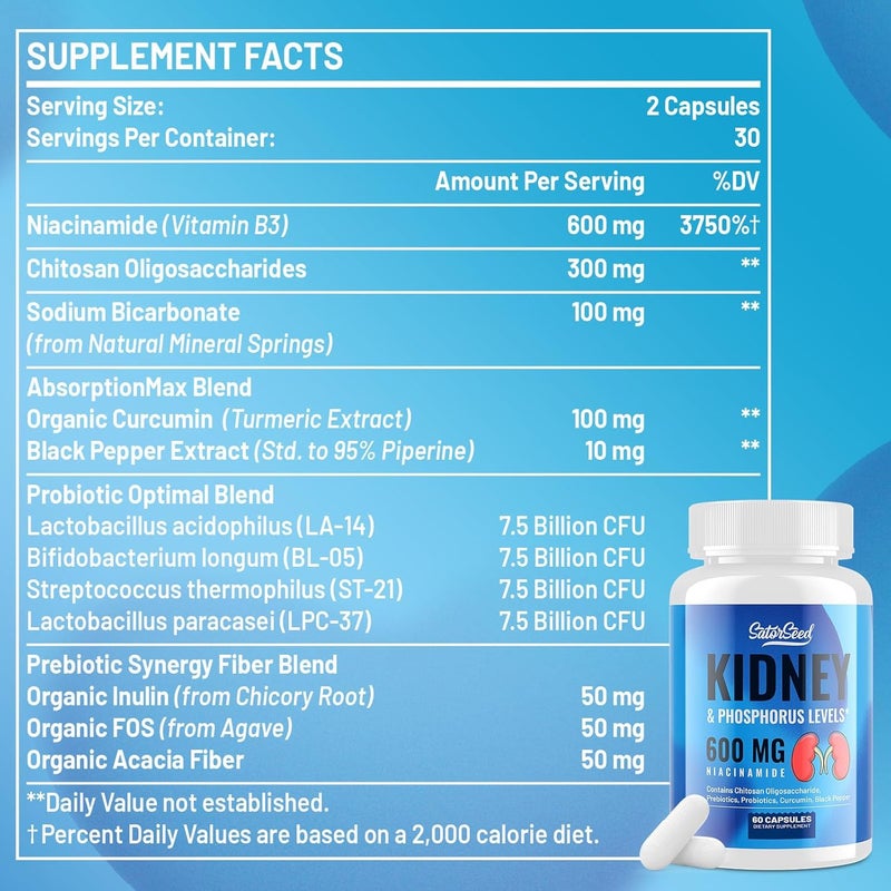 SatorSeed Kidney Cleanse Detox  Repair  Kidney Support Supplement with 600mg Niacinamide Chitosan Oligosaccharide Curcumin Probiotics  Phosphorus Binder  60 Capsules - Image 5