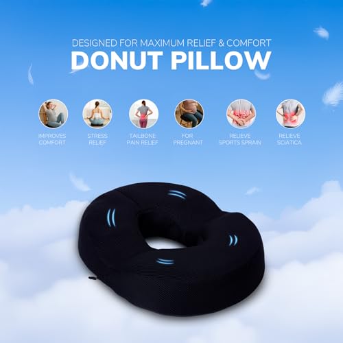 ARUNAVI Donut Pillow for Tailbone Pain Relief | Orthopedic Coccyx Seat Cushion for Hemorrhoids, Piles, Prostate, Sciatica & Pregnancy | Memory Foam Donut Cushion for Chair, Car & Office Use | Black - Image 4