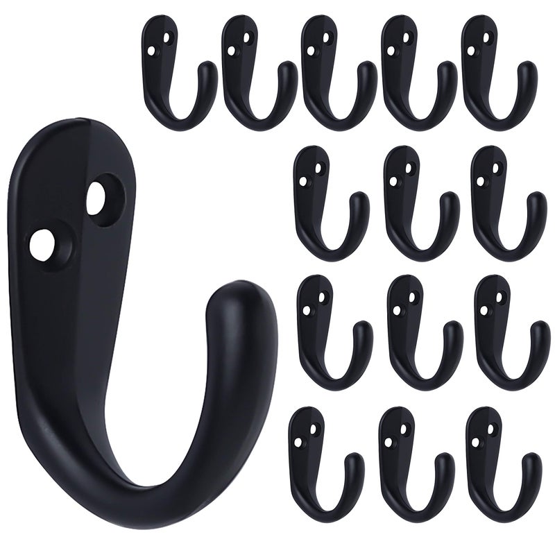 IBosins 15PCS Coat Hooks Wall Mounted Single Prong Robe Hook for Hanging Towel Hooks with 30 Screws for Bags Hat Cap Scarf Cup Black