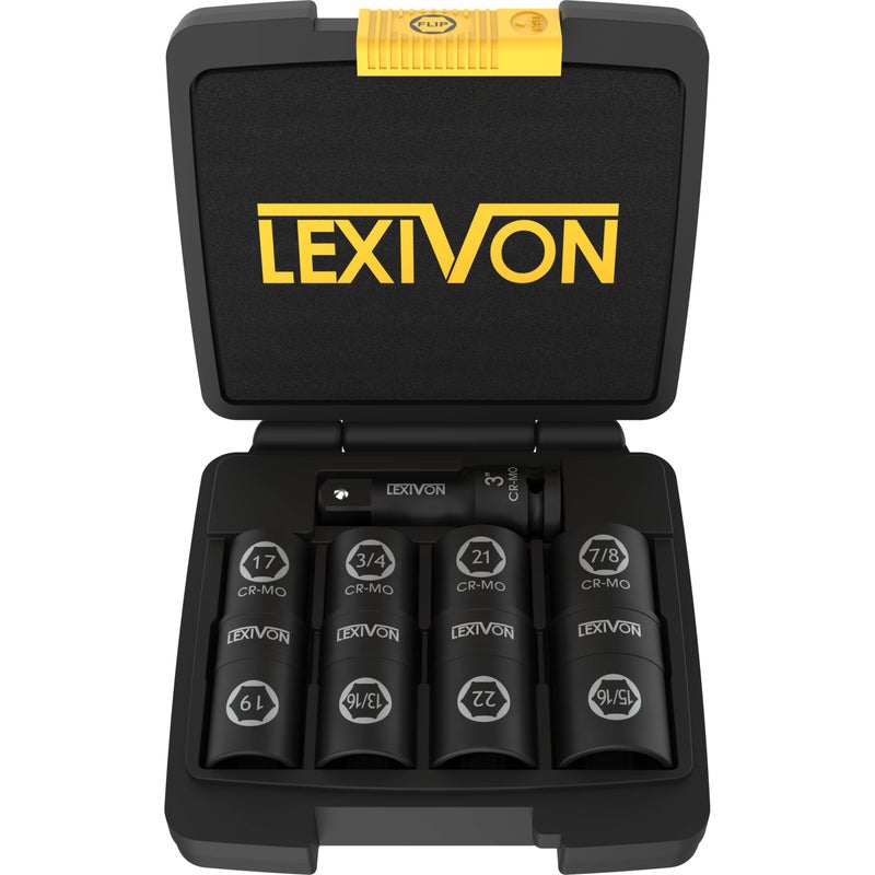 LEXIVON مجموعة مقبس صامولة ليكسفون مقاس 1/2 بوصة | تصميم مبتكر لمقبس قلاب 8 في 4 يغطي صواميل العجلات الأكثر استخدامًا بالبوصة والمترية | فولاذ Cr-Mo = درجة التأثير الكامل (Lx-110) - Image 1