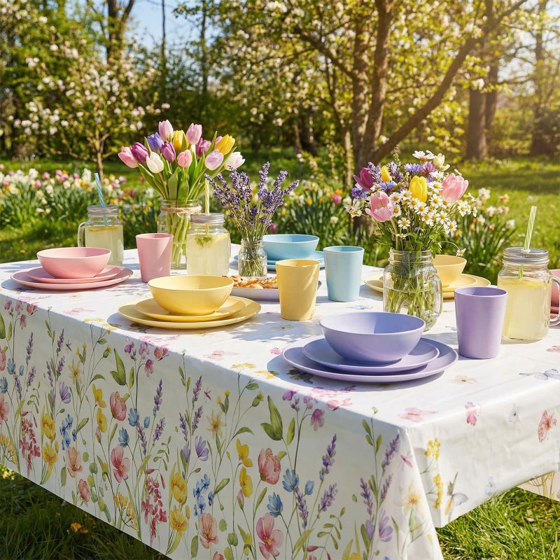 NatNarr 3 Pack Wildflower Plastic Tablecloths, 54 X 108Inch Spring Tablecloth Disposable Tea Party Table Cloth, Butterfly Wildflower Porcelain Tables Decor for Mother's Day Birthday Garden Wedding Party - Image 3
