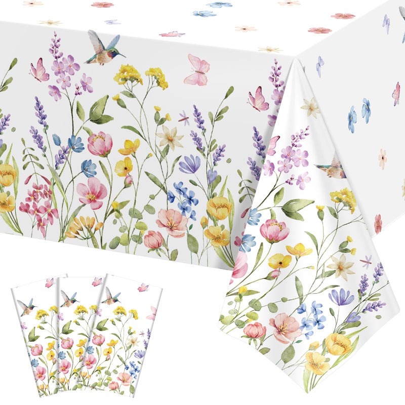NatNarr 3 Pack Wildflower Plastic Tablecloths, 54 X 108Inch Spring Tablecloth Disposable Tea Party Table Cloth, Butterfly Wildflower Porcelain Tables Decor for Mother's Day Birthday Garden Wedding Party - Image 1