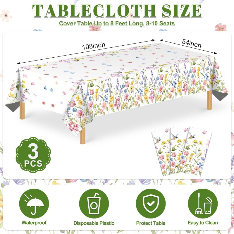 NatNarr 3 Pack Wildflower Plastic Tablecloths, 54 X 108Inch Spring Tablecloth Disposable Tea Party Table Cloth, Butterfly Wildflower Porcelain Tables Decor for Mother's Day Birthday Garden Wedding Party - Image 2