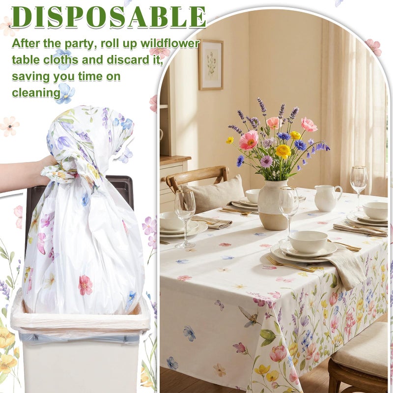 NatNarr 3 Pack Wildflower Plastic Tablecloths, 54 X 108Inch Spring Tablecloth Disposable Tea Party Table Cloth, Butterfly Wildflower Porcelain Tables Decor for Mother's Day Birthday Garden Wedding Party - Image 4