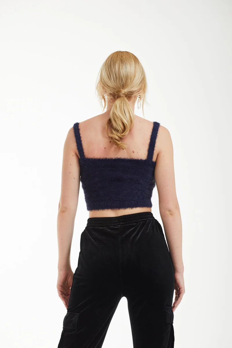 Double Second Navy Navy Fluffy Knit Crop Top for Women | Best Price UAE