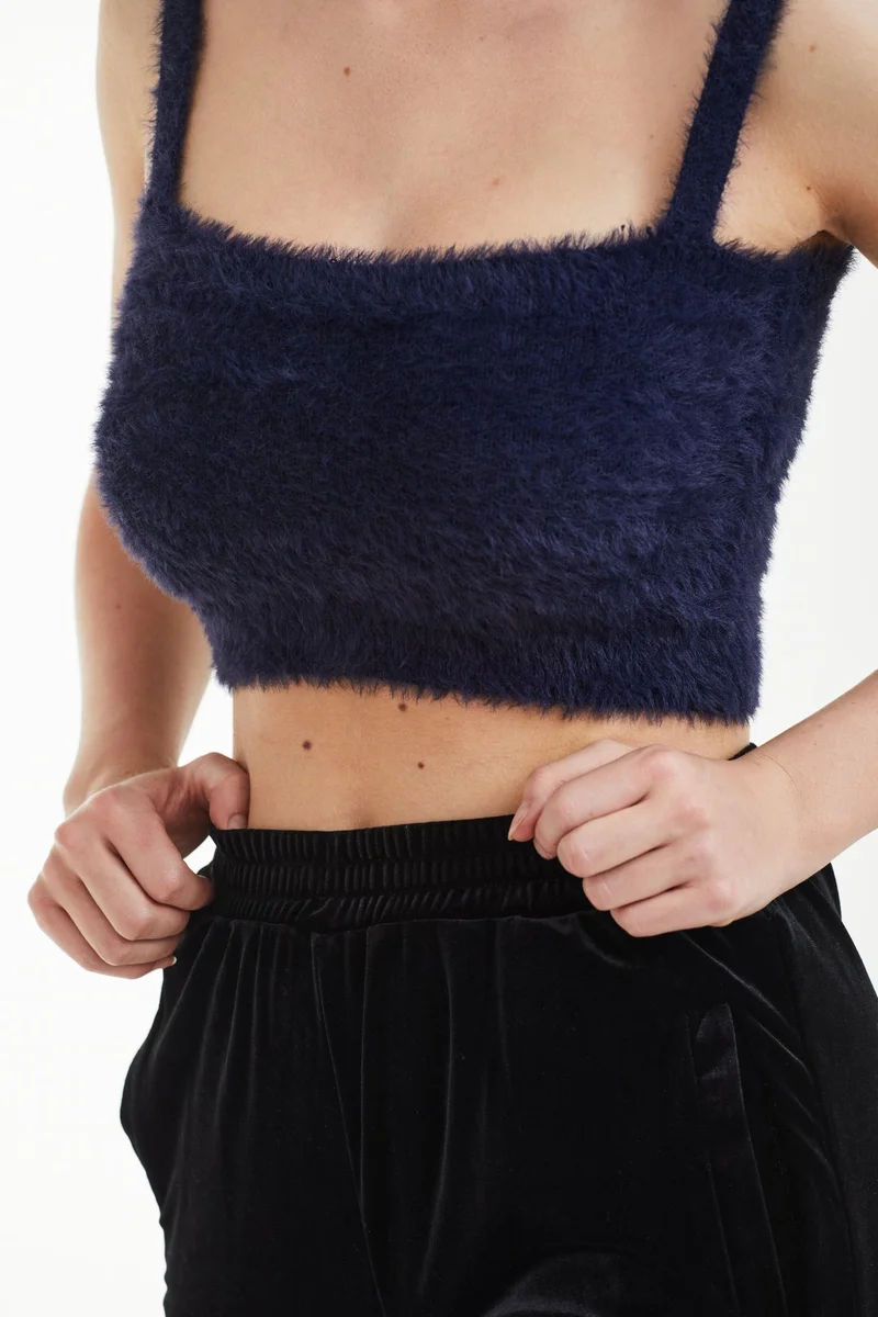 Double Second Navy Navy Fluffy Knit Crop Top for Women | Best Price UAE