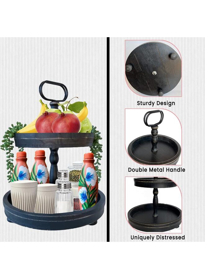 Distressed Wood 2-Tier Tray with Metal Handle，Tiered Tray Stand - Two Tier Tray Tiered Tray Decor(Small)  - Image 3