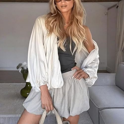 Xunger Women's Puffed Bomber Jacket Oversized Streetwear Casual Batwing Sleeve Lapel Collar Zip Front Pleated Shirts(1036-01Beige-L-RD) - Image 2