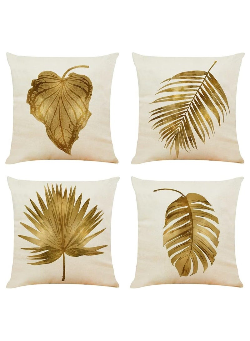 KASTWAVE Cushion Covers - 4 Pcs 18x18 In Decorative Throw Pillow Covers. Soft Polyester Square Cushion Cases Art Floral Cotton Linen Pillowcase for Office/Home Sofa Pillows (Brown/Gold Leaves) - Image 2