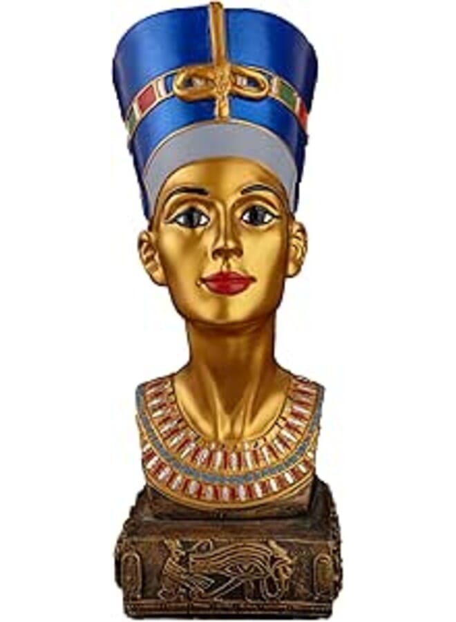 Statue of Egyptian Art Queen Nefertiti Bust Large hand painted gold blue made in Egypt. Nefertiti was a queen of Egypt and wife of king Akhenaton.
