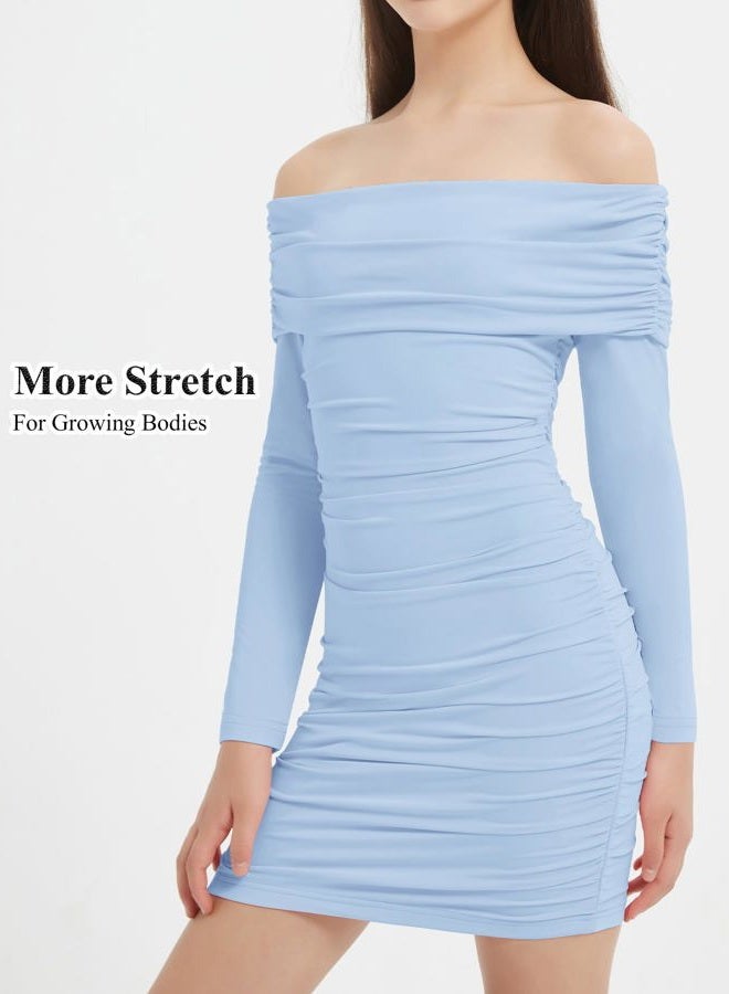 EXARUS Girls Dress Off The Shoulder Bodycon/Bubble Long Sleeve Teen Ruched Graduation Dance Formal Prom Tween Dresses, Off the Shoulder Bodycon Blue, 12 Years - Image 3