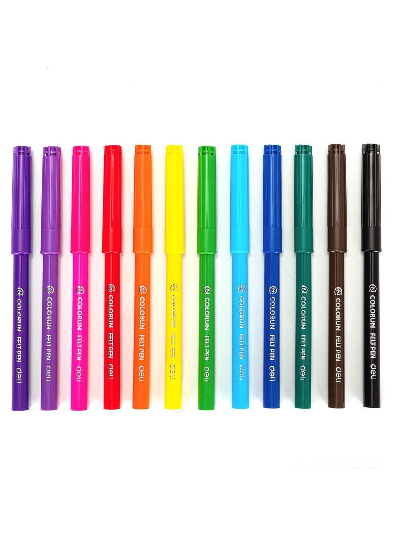 Deli Deli EC10003 COLORUN Washable Round Barrel Felt Pen Fiber Bullet Tip 12Colors, 12PCS/PVC Bag – Perfect for School, Art, and Crafts  - Image 3