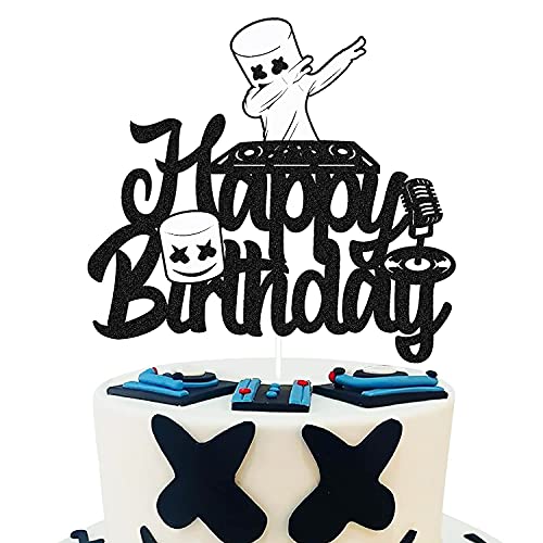 Festiko®DJ Mask Cake Topper Happy Birthday Sign Marshmallow Party Decoration Underground Electronic Music Video Game Themed Bday Event Celebration Decor for Boys Girls Men Women Anniversary Supplies - Image 1