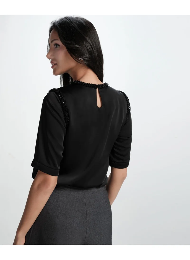 Zigzag Neck And Arm Hole Beaded Chiffon Top-Black
