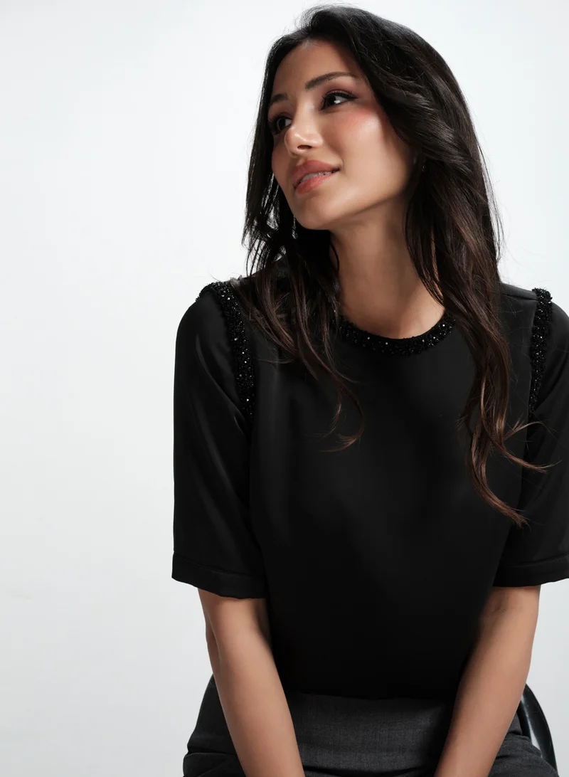 Zigzag Neck And Arm Hole Beaded Chiffon Top-Black