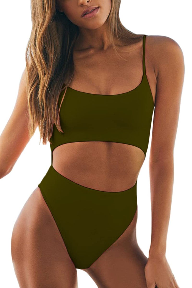 Meyeeka Tummy Control One Piece Swimsuits for Women Spaghetti Strap Cut Out Bodysuit Monokini M Army Green - Image 1