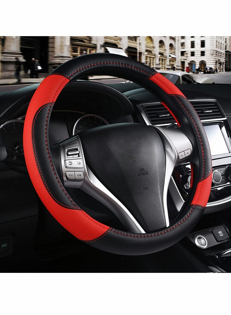 Car Steering Wheel Cover, Leather Non-Slip Car Wheel Cover Protector Breathable Microfiber Leather Universal Fit for Most Cars, Universal for All Seasons, 15 Ergonomic Comfort Grip Cover (Black Red) - Image 1