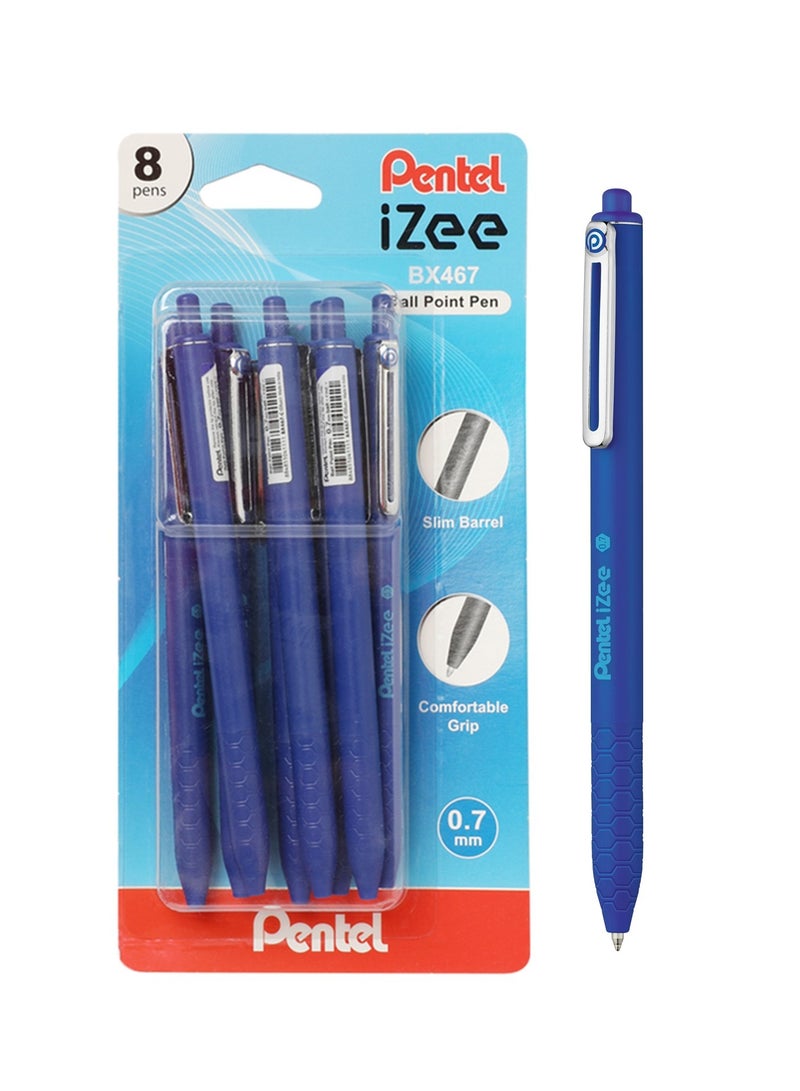 Pentel 8-Piece Izee Retractable Ballpoint Pen 0.7mm Tip Blue Ink - Image 1