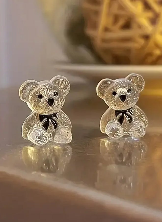 Ready For Chai 1pair Transparent Bear Stud Earrings, Fashion Cartoon Bear Bow Resin Earrings, Holiday Party Earrings - Image 1