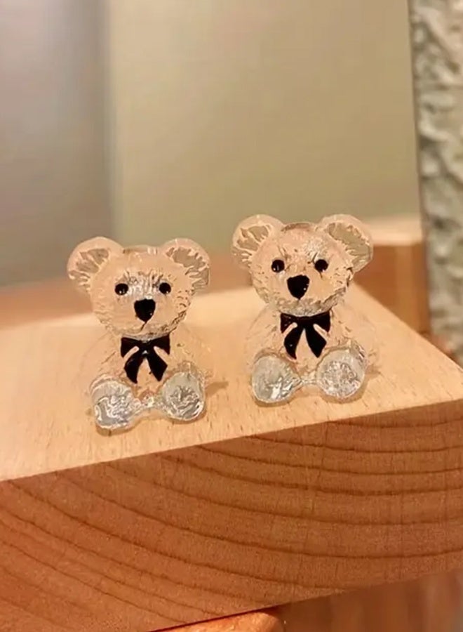 Ready For Chai 1pair Transparent Bear Stud Earrings, Fashion Cartoon Bear Bow Resin Earrings, Holiday Party Earrings - Image 4