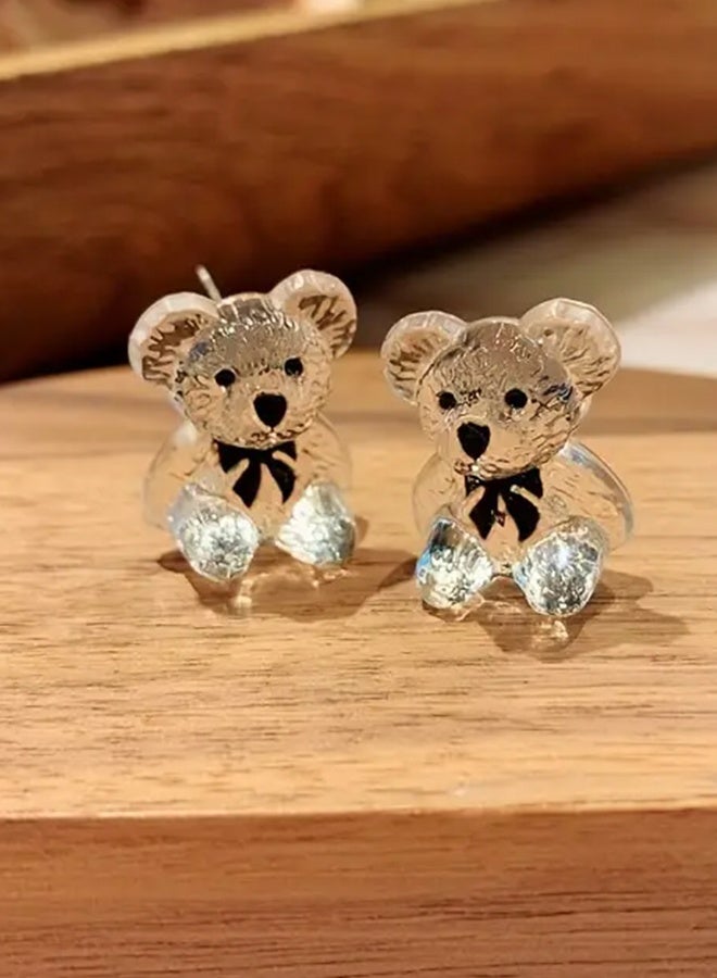 Ready For Chai 1pair Transparent Bear Stud Earrings, Fashion Cartoon Bear Bow Resin Earrings, Holiday Party Earrings - Image 2