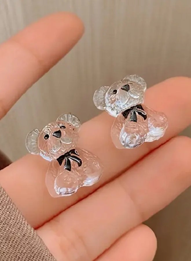 Ready For Chai 1pair Transparent Bear Stud Earrings, Fashion Cartoon Bear Bow Resin Earrings, Holiday Party Earrings - Image 3