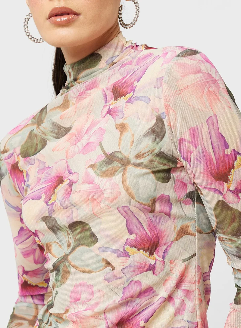 Ginger Mesh Floral Print Long Sleeves Top