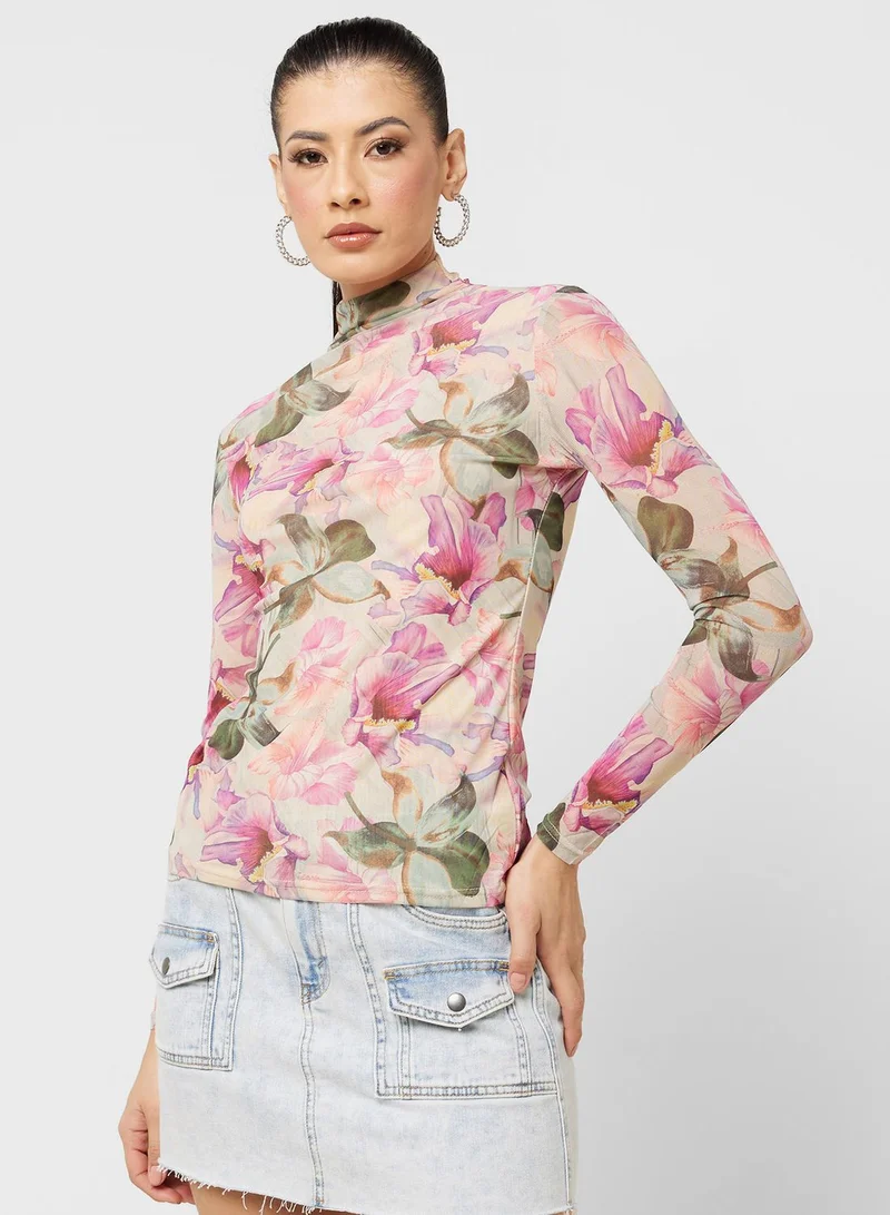 Ginger Mesh Floral Print Long Sleeves Top
