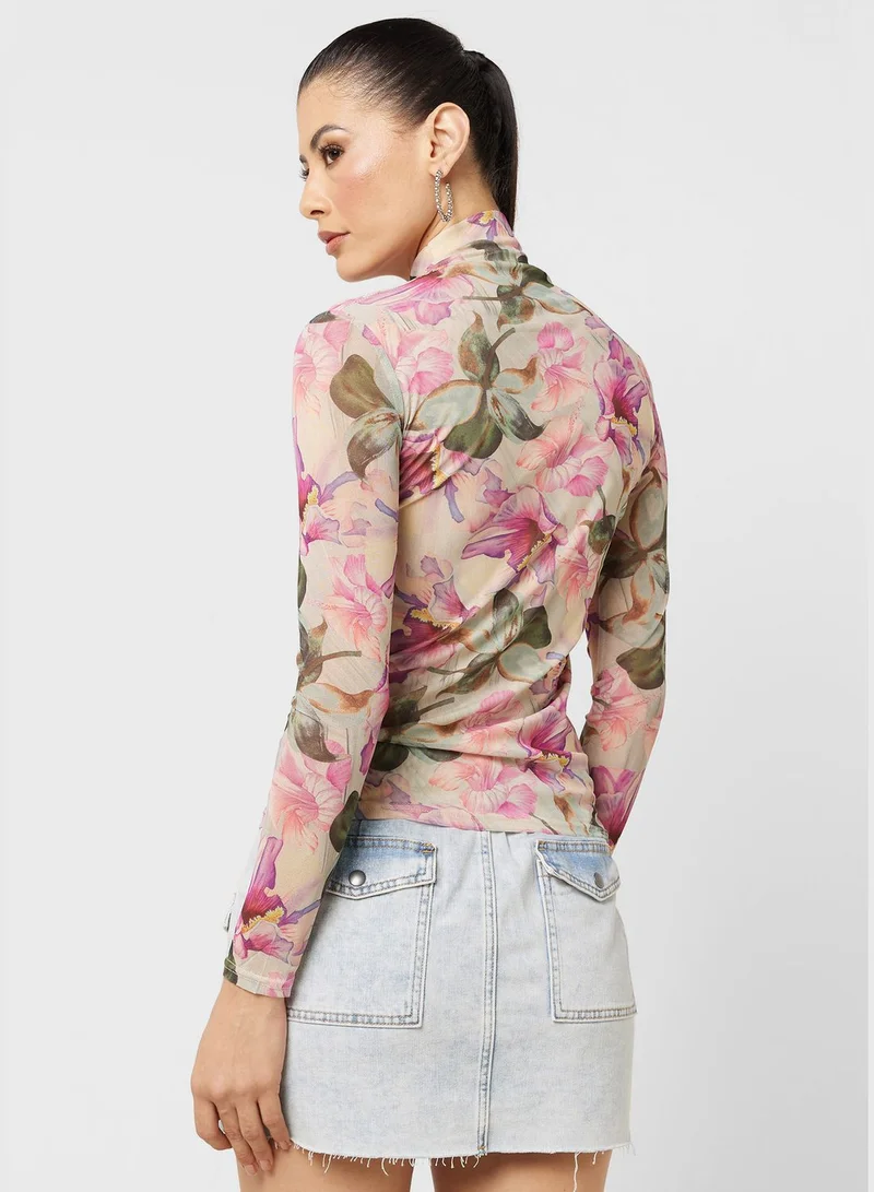 Ginger Mesh Floral Print Long Sleeves Top