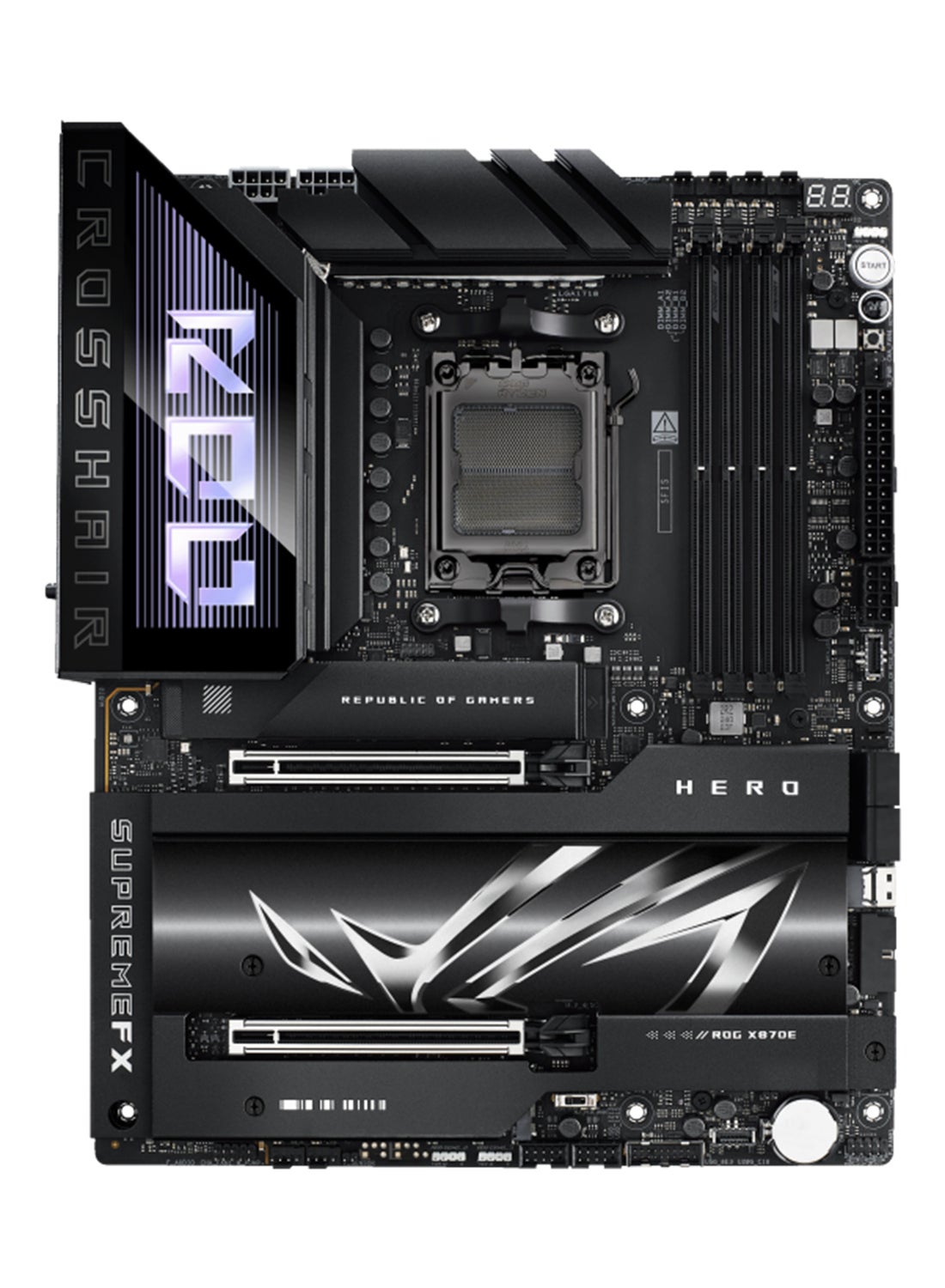 ROG CROSSHAIR X870E HERO ATX Motherboard, AMD X870E Chipset, AM5 Socket, 4*DIMM DDR5 192GB Max Memory, 4*M.2, 2*PCIe 5.0*16, Dual Ethernet & Wi-Fi 7, Bluetooth v5.4, 1*HDMI, Dual USB4, EZ PC DIY, Teamed Power Solution, Polymo Lighting II, Exclusive AI Technologies, Overclocking Technologies | 90MB1IE0-M0EAY0 Black