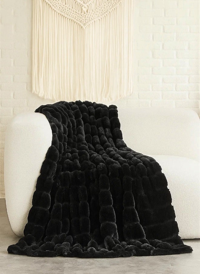 Ultra-Soft Faux Rabbit Fur Throw Blanket – Striped Lightweight Plush for Sofa, Bed & Home Décor – Gift-Ready Accent Throw  - Image 1