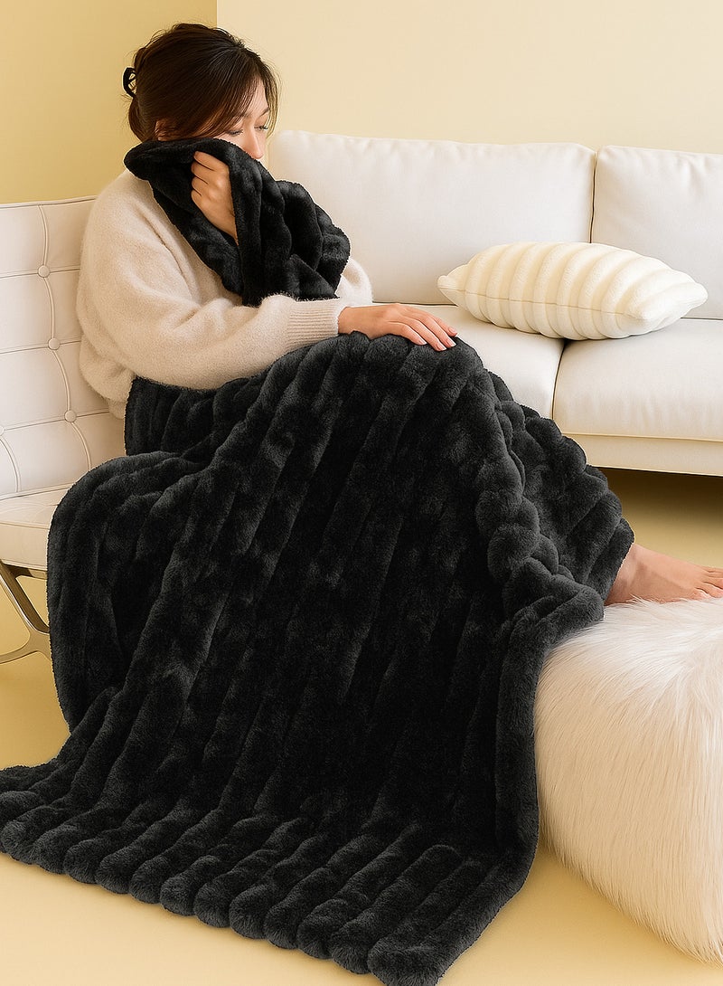 Ultra-Soft Faux Rabbit Fur Throw Blanket – Striped Lightweight Plush for Sofa, Bed & Home Décor – Gift-Ready Accent Throw  - Image 2