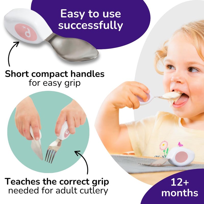 doddl Toddler Utensils, Ergonomic Fork Spoon and Knife Set for Self Feeding, Stainless Steel Silverware for 1-3 Year Olds, BPA Free, Dishwasher Safe (Dusky Rose) - Image 3