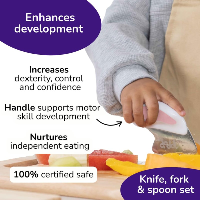 doddl Toddler Utensils, Ergonomic Fork Spoon and Knife Set for Self Feeding, Stainless Steel Silverware for 1-3 Year Olds, BPA Free, Dishwasher Safe (Dusky Rose) - Image 4
