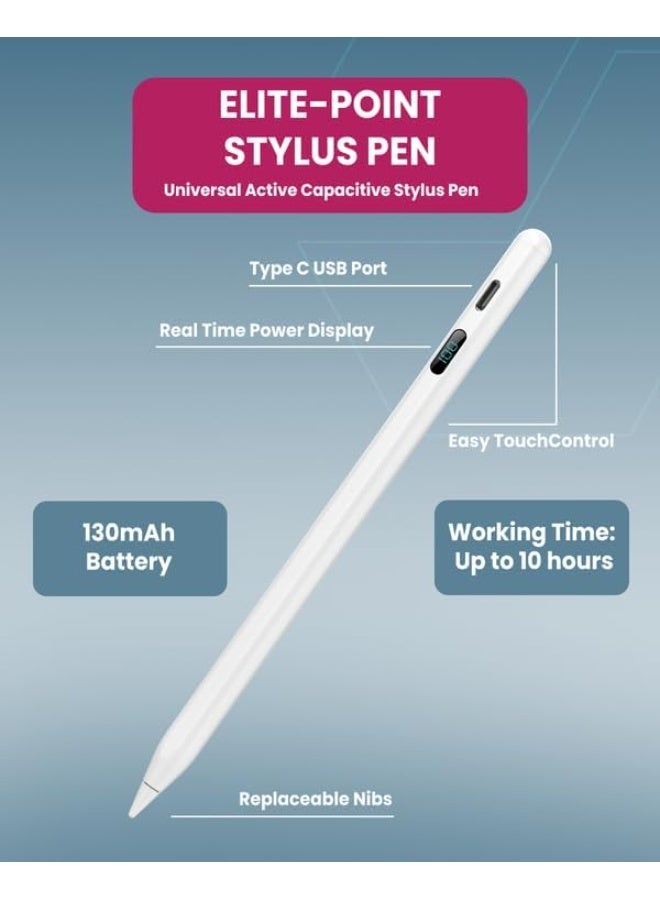 Moxedo Elite-Point Universal Active Capacitive Stylus Pen Type-C Charging Port with Replaceable Nib Digital Battery Display Compatible for iOS, Android Touch Screen Devices and Tablet - White - Image 2